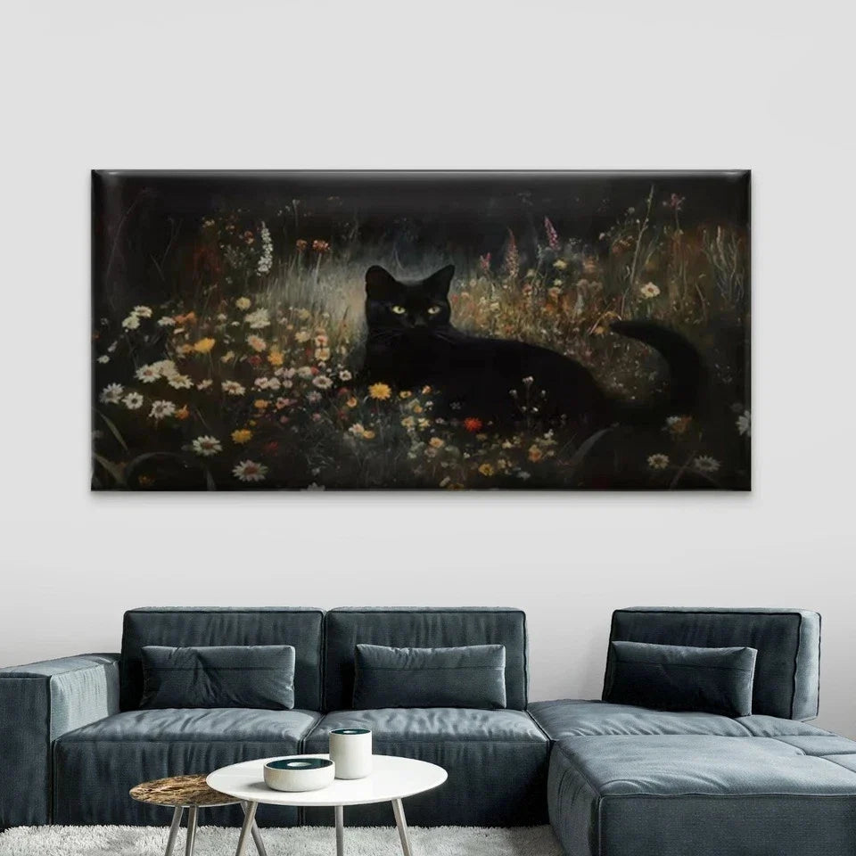 Black Cat in Dark Flower Field Wall Art Canvas Office Home Room Framed 120x60cm