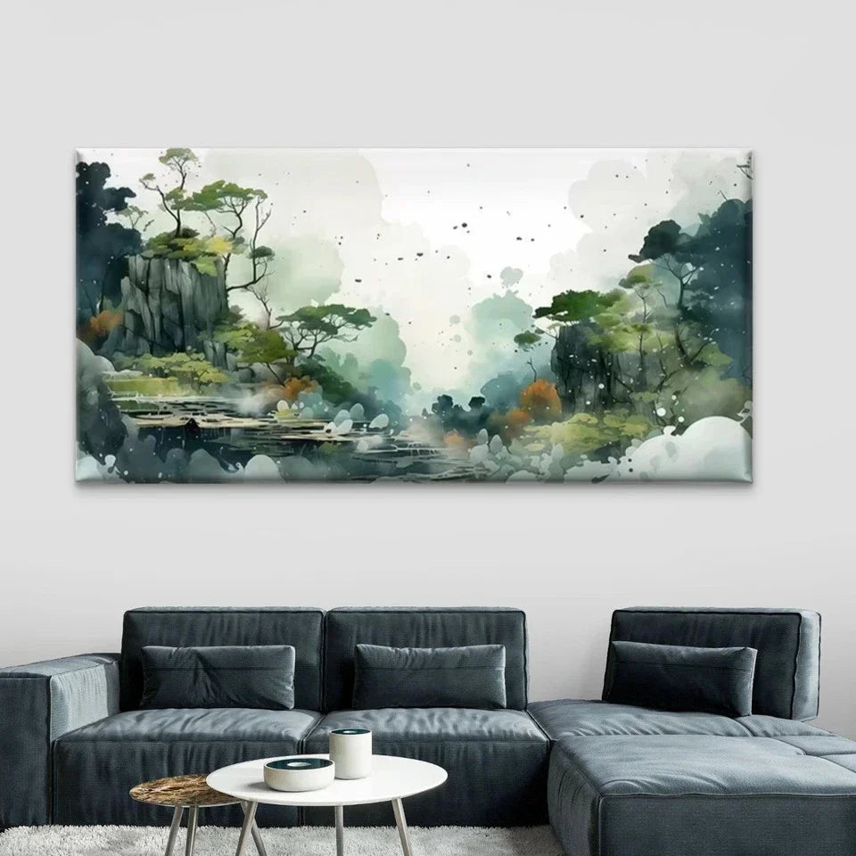 Misty Mountain Forest Wall Art Canvas Office Home Room Framed 80x45cm