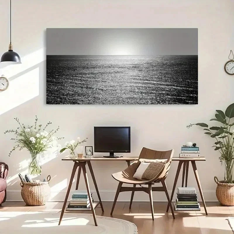 Ocean Monochrome Modern Wall Art Canvas Office Home Room Framed 120x60cm