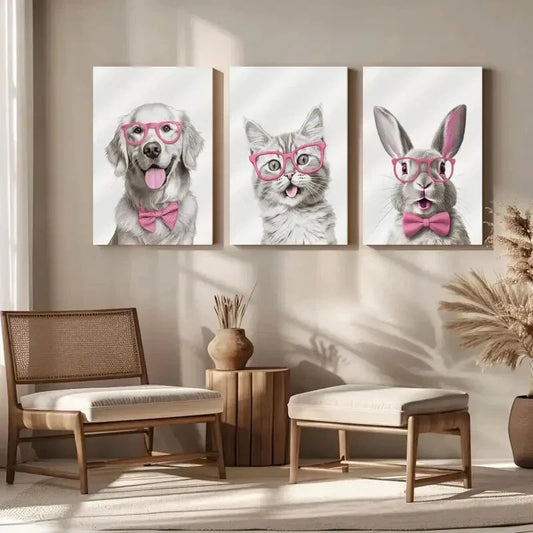 3pcs Dog Cat & Rabbit with Glasses Metal Print Ready to Hang Art