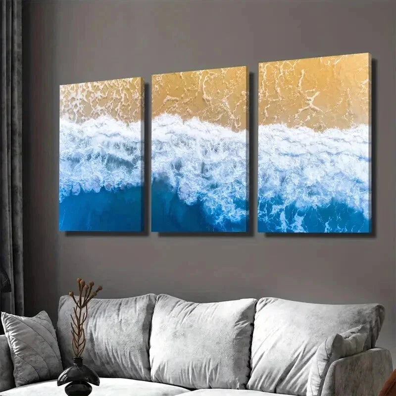 3pcs Coastal Ocean Wave Vibrant Blue & Golden Wall Art Set Canvas Framed 40x60cm - High Quality Print 100% Australian Made Wall Canvas Ready to Hang