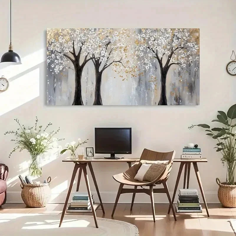 Blooming Trees Golden Accent Wall Art Canvas Office Home Room Framed 80x45cm