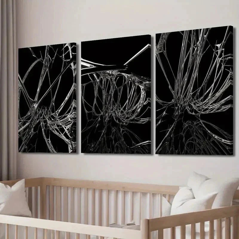 3pcs Black & White Abstract Quantum Entanglement Wall Art Set Canvas Framed 40x60cm - High Quality Print 100% Australian Made Wall Canvas Ready to Hang