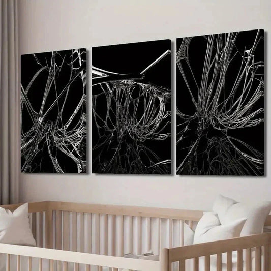 3pcs Black & White Abstract Quantum Entanglement Wall Art Set Canvas Framed 40x60cm - High Quality Print 100% Australian Made Wall Canvas Ready to Hang