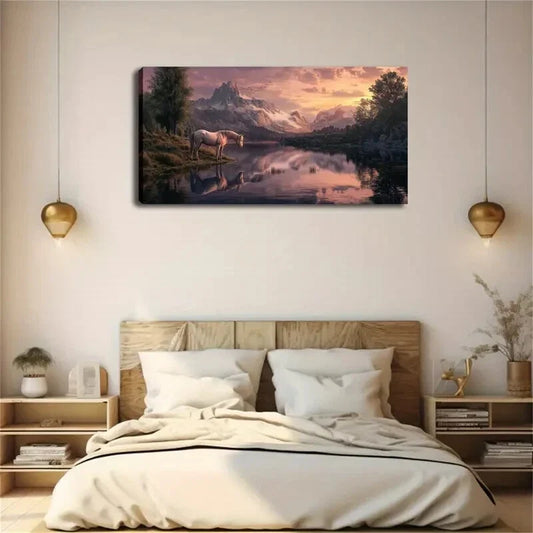 Realistic Mountain Lake Lands Wall Art Canvas Office Home Room Framed 120x60cm