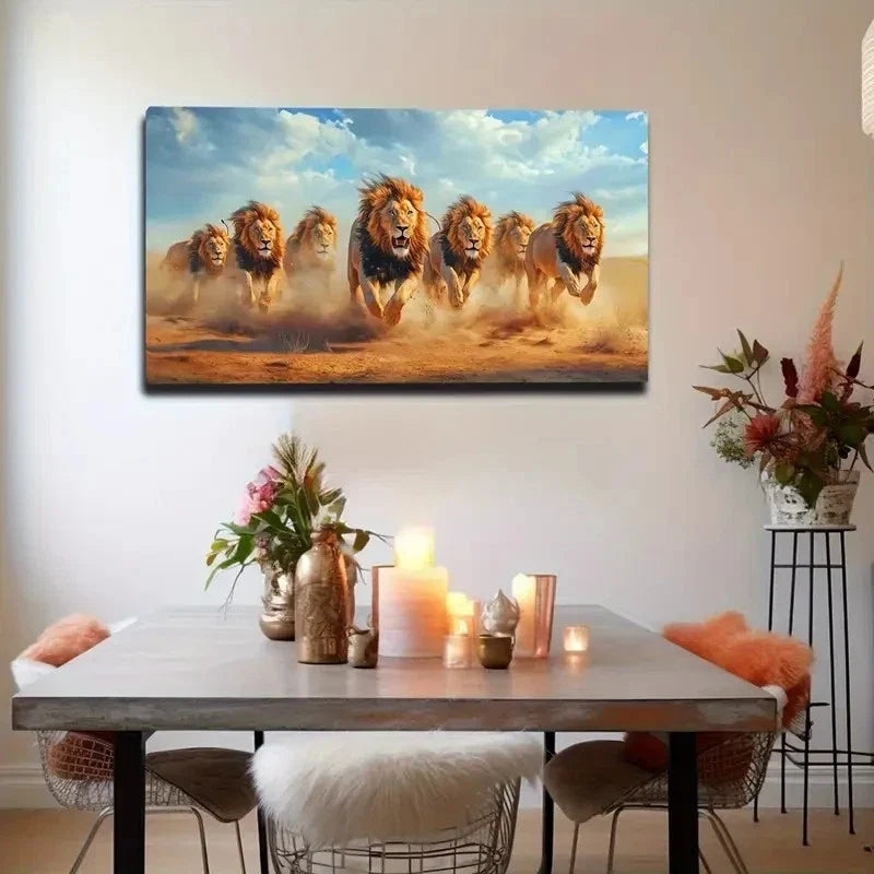 Abstract Running Lions Vibrant Wall Art canvas office home room framed 120x60cm