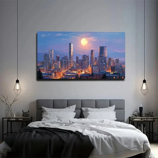 Realistic City Night Skyline Wall Art Canvas Office Home Room Framed 80x45cm