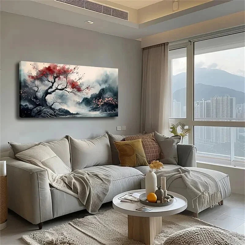 Tree Branch Blooming Big Red Wall Art Canvas Office Home Room Framed 120x60cm