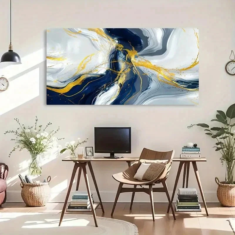 Abstract Blue Golden Grey Wall Art Canvas Office Home Room Framed 120x60cm