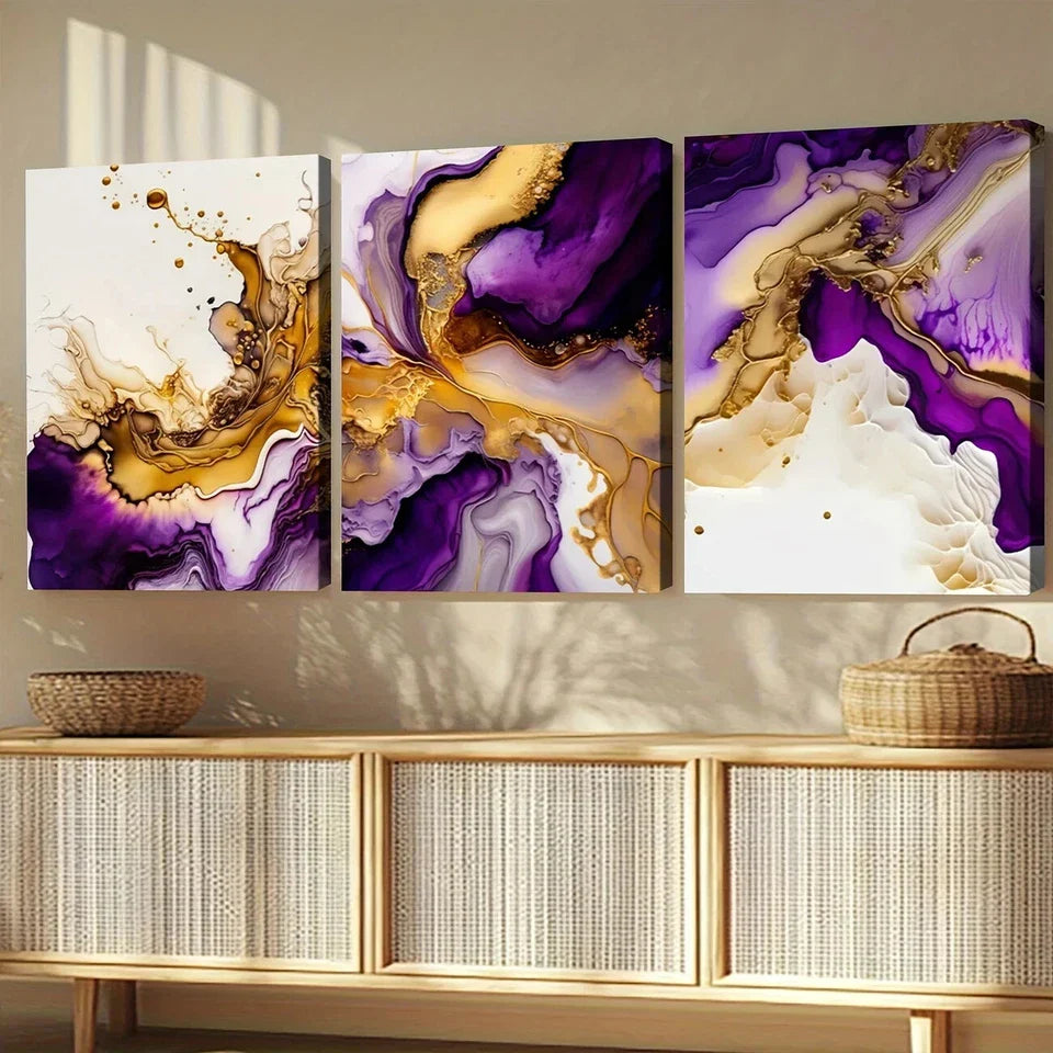 3pcs Purple Modern Abstract Modern Art Golden Wall Art Set Canvas Framed 40x60cm - High Quality Print 100% Australian Made Wall Canvas Ready to Hang