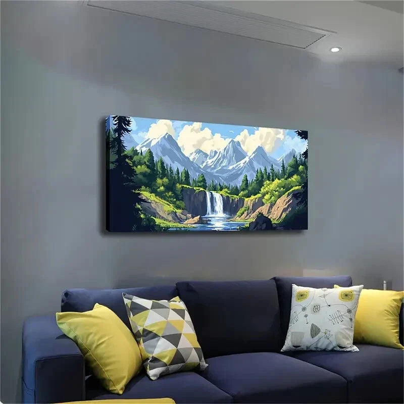 Serene Mountain Waterfall Lands Wall Art Canvas Office Home Room Framed 120x60cm