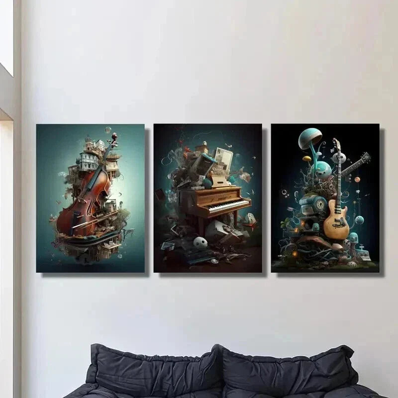 3pcs Violin Piano Guitar & Whimsical Objects Wall Art Set Canvas Framed 40x60cm - High Quality Print 100% Australian Made Wall Canvas Ready to Hang