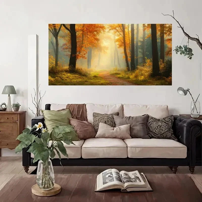 Vintage Autumn Forest Wall Art Canvas Office Home Room Framed 80x45cm