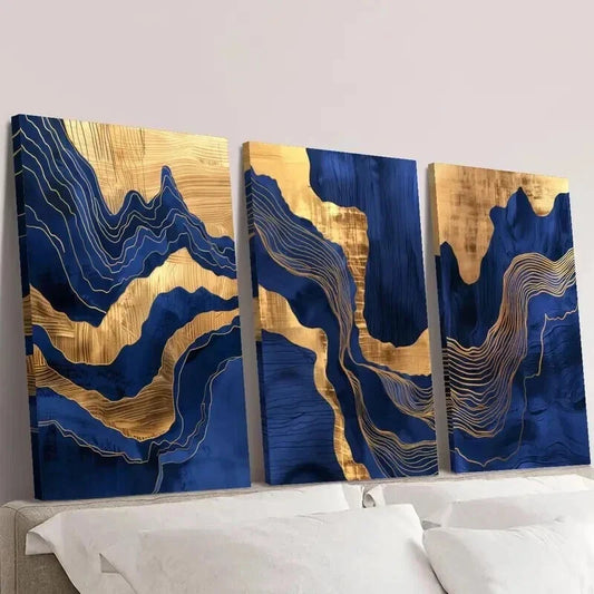 3pcs Wavy Blue Marble and Gold Gilt Wall Art Set Canvas Framed 40x60cm - High Quality Print 100% Australian Made Wall Canvas Ready to Hang