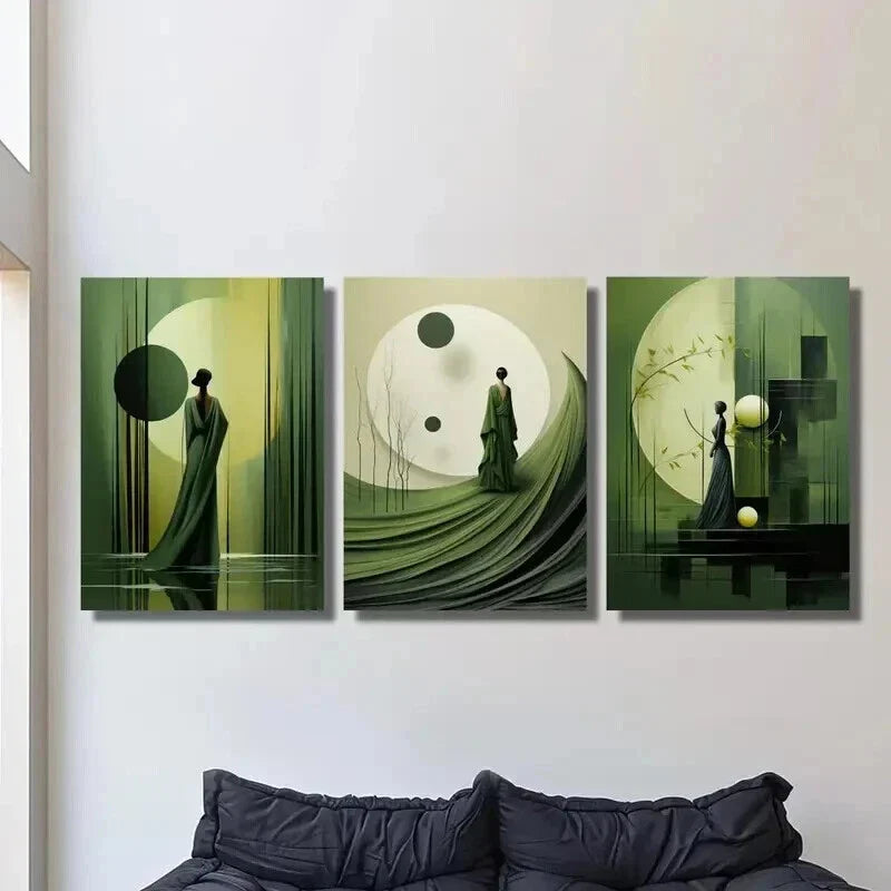 3pcs Abstract Olive Green & a Women Wall Art Set Canvas Framed 40x60cm - High Quality Print 100% Australian Made Wall Canvas Ready to Hang