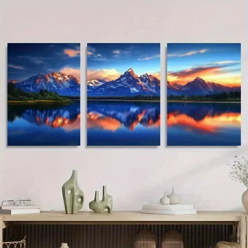 3pcs Majestic Mountain Peaks, Scenic Lake Metal Print Ready to Hang Art