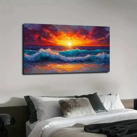 Ocean Sunset Vibrant Colors Wall Art Canvas Office Home Room Framed 120x60cm