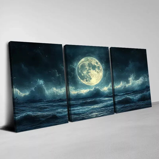 3pcs Blue & Green Starry Night Sky Moonlit Ocean Wall Art Set Canvas Framed 40x60cm - High Quality Print 100% Australian Made Wall Canvas Ready to Hang