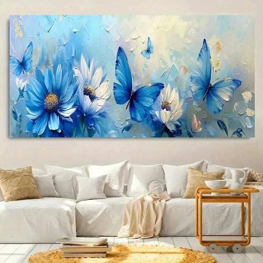 Blue Flower Butterfly Fashion Wall Art Canvas Office Home Room Framed 80x45cm