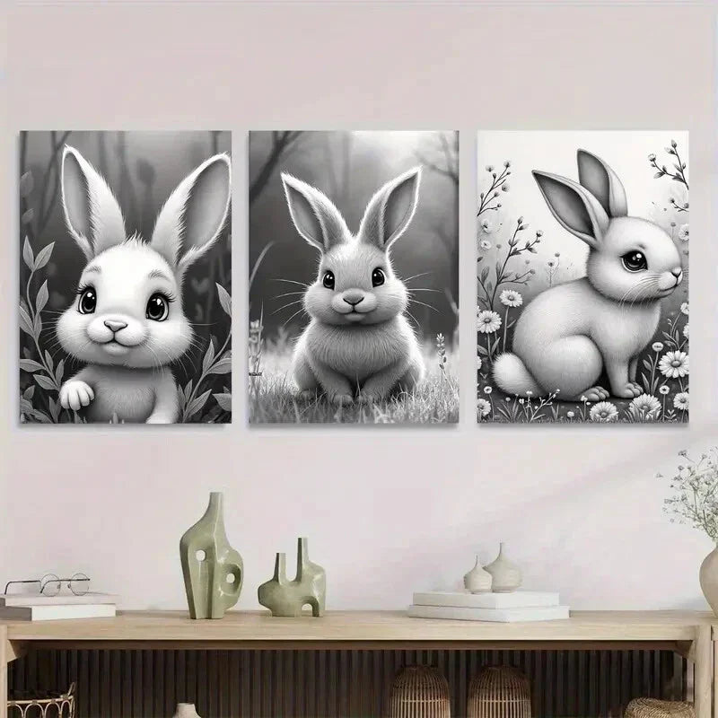 3pcs Black & White Rabbit Modern & Classic Style Metal Print Ready to Hang Art