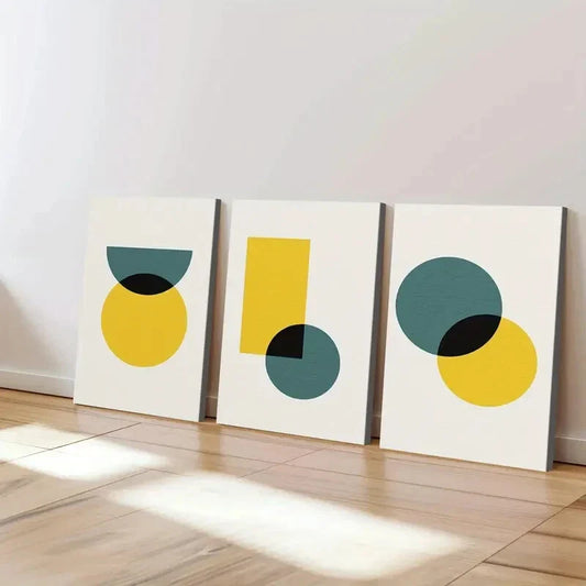 3pcs Abstract Retro Geometric Round Square Blue Wall Art Set Canvas Framed 40x60cm - High Quality Print 100% Australian Made Wall Canvas Ready to Hang
