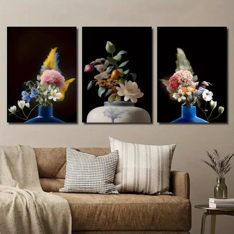 3pcs Vibrant Colorful Flower Bouquets in Vases Wall Art Set Canvas Framed 40x60cm - High Quality Print 100% Australian Made Wall Canvas Ready to Hang
