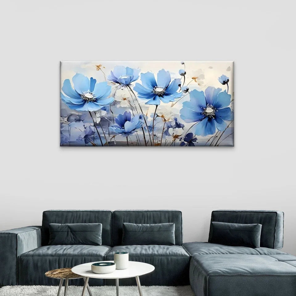 Modern Blue Flower Abstract Wall Art Canvas Office Home Room Framed 120x60cm