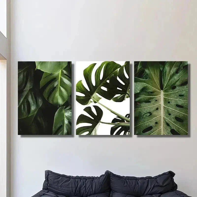 3pcs Green Monstera Deliciosa Leaves Wall Art Set Canvas Framed 40x60cm - High Quality Print 100% Australian Made Wall Canvas Ready to Hang