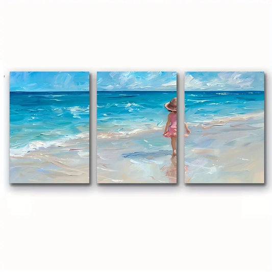 3pcs Beach Scene with Little Girl in Pink Metal Print Ready to Hang Art