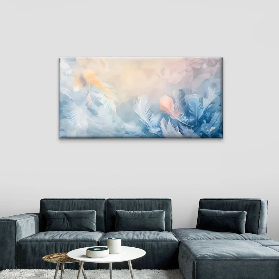 Blue & Yellow Feather Design Wall Art Canvas Office Home Room Framed 80x45cm
