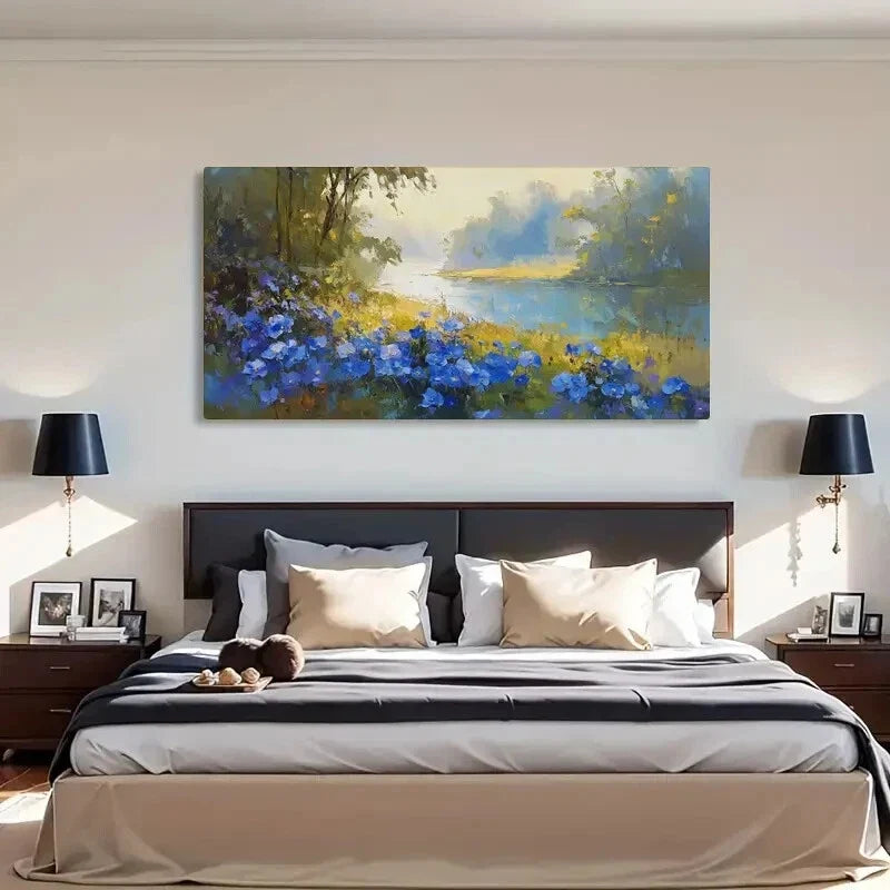 Vibrant Blue Flowers & Serenec Wall Art Canvas Office Home Room Framed 120x60cm
