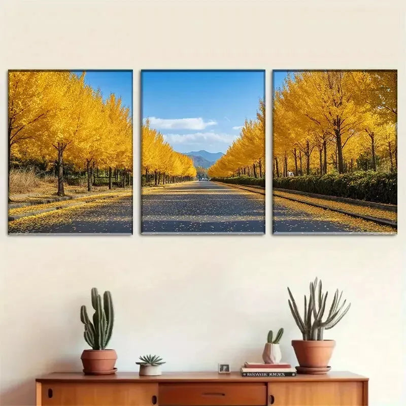 3pcs Golden Autumn Avenue Triptych Wall Art Set Canvas Framed 40x60cm - High Quality Print 100% Australian Made Wall Canvas Ready to Hang