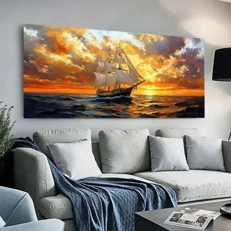 Sailboats On Sunset Sea Wall Art wall canvas office home room framed 120x60cm