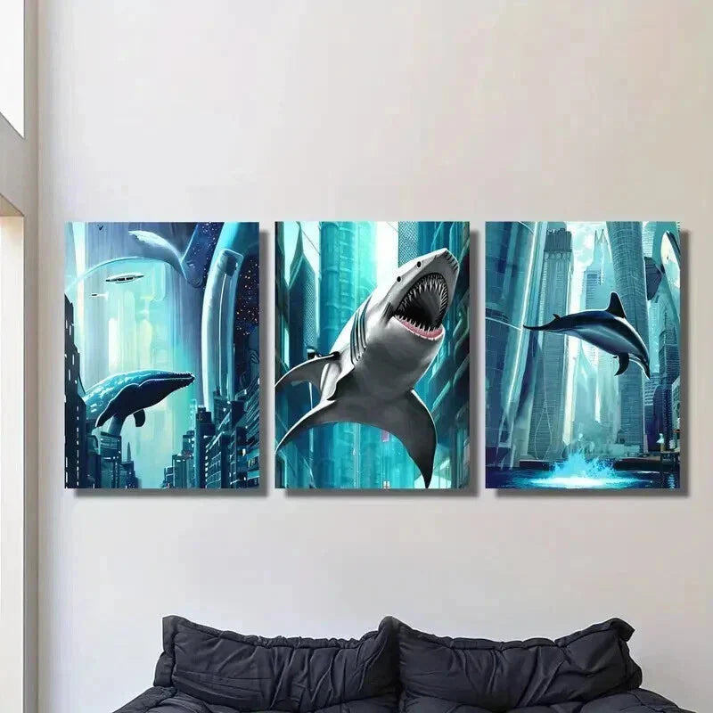 3pcs Flying Fish Fantasy Theme Illustration Wall Art Set Canvas Framed 40x60cm - High Quality Print 100% Australian Made Wall Canvas Ready to Hang