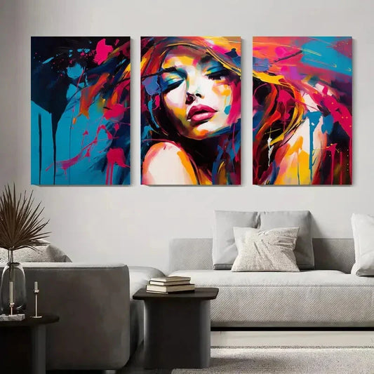 3pcs Vibrant Abstract Portrait of a Woman Metal Print Ready to Hang Art
