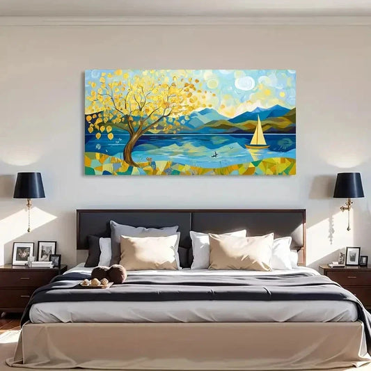 Geometric Yellow Tree Retro Wall Art Canvas Office Home Room Framed 120x60cm
