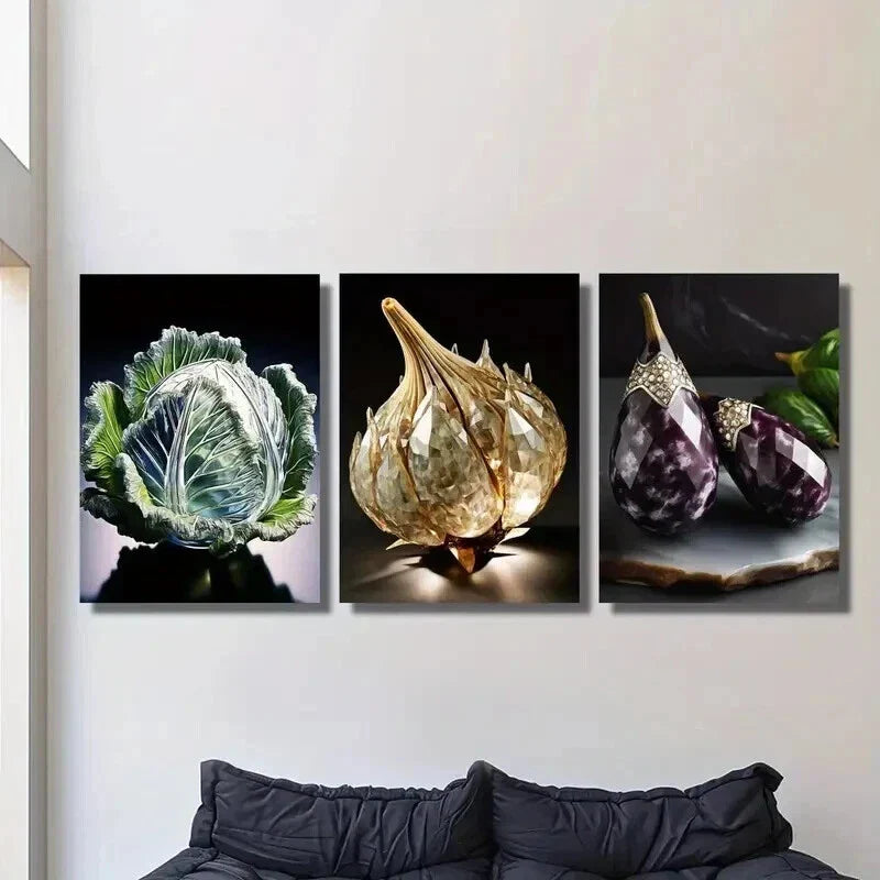 3pcs Cabbage Crystal Garlic Eggplant Wall Art Set Canvas Framed 40x60cm - High Quality Print 100% Australian Made Wall Canvas Ready to Hang