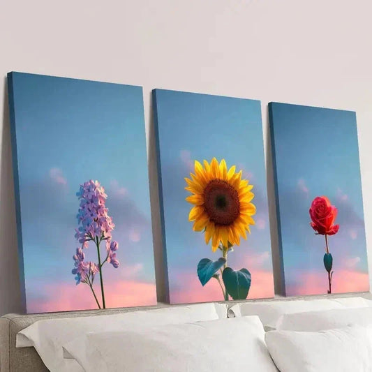 3pcs Purple Lilac Sunflower Rose and Fresh Sky Wall Art Set Canvas Framed 40x60cm - High Quality Print 100% Australian Made Wall Canvas Ready to Hang