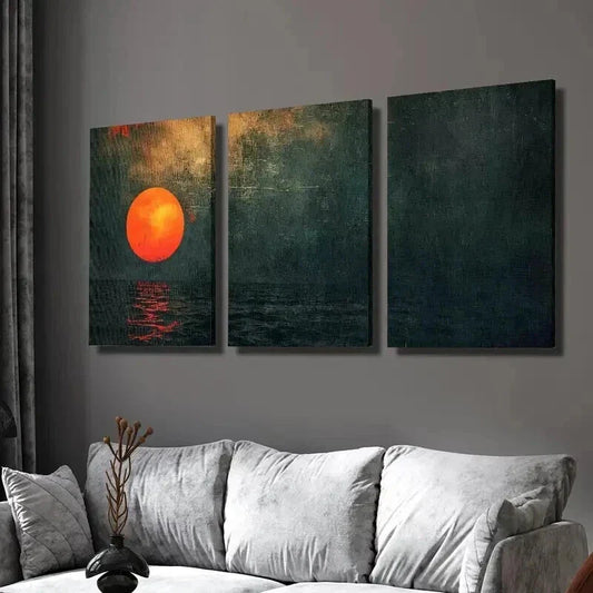 3pcs Red Sun over Emerald Green Sea Wall Art Set Canvas Framed 40x60cm - High Quality Print 100% Australian Made Wall Canvas Ready to Hang
