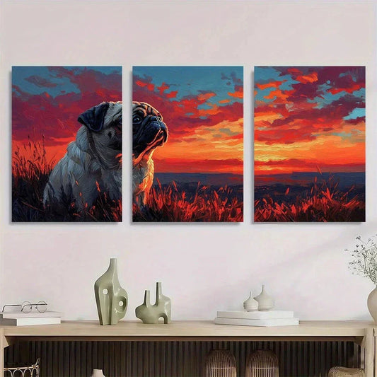 3pcs Craft Pug Dog at Sunset Animal Theme Metal Print Ready to Hang Art
