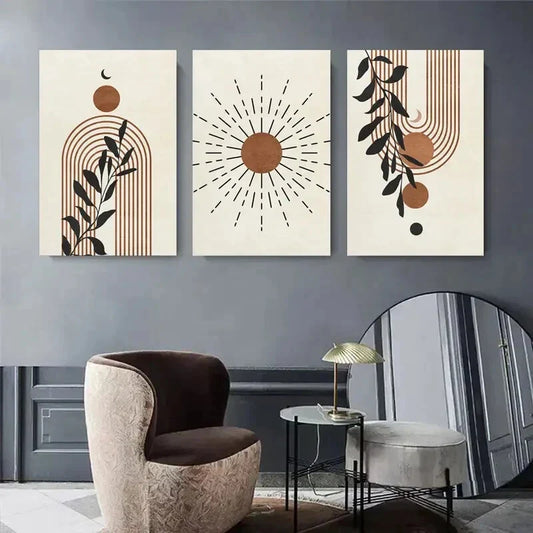 3pcs Modern Boho Style Decor with Sun, Moon Metal Print Ready to Hang Art