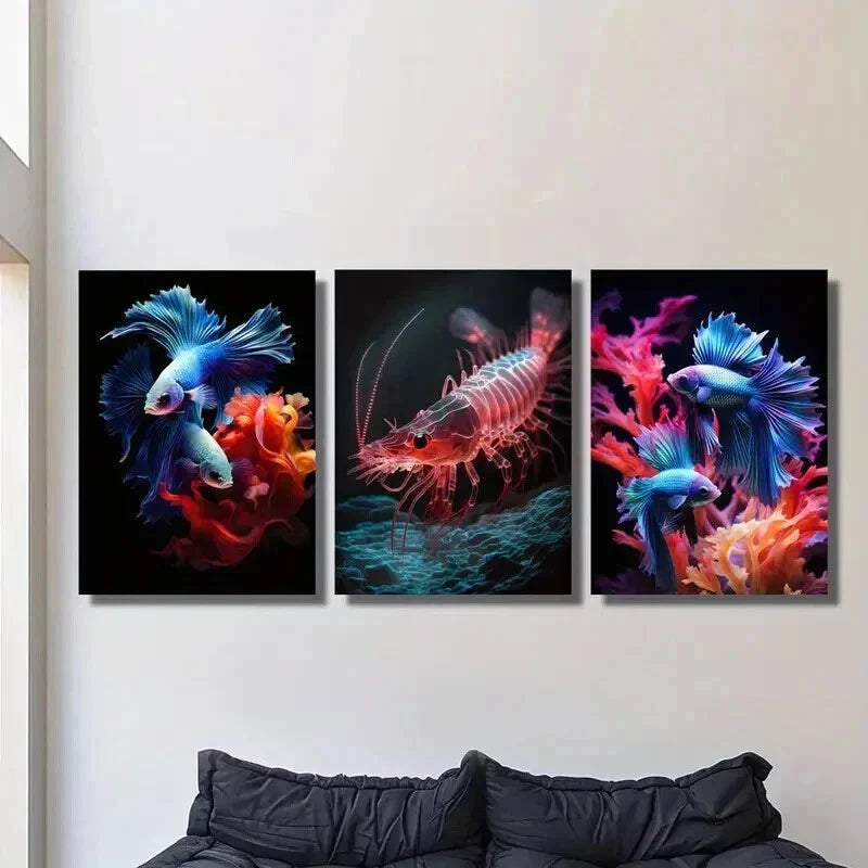 3pcs Colorful Red Shrimp and Betta Fish Wall Art Set Canvas Framed 40x60cm - High Quality Print 100% Australian Made Wall Canvas Ready to Hang