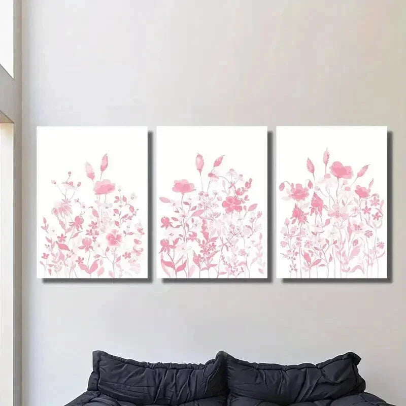 3pcs Elegant Watercolor Pink Wildflowers Wall Art Set Canvas Framed 40x60cm - High Quality Print 100% Australian Made Wall Canvas Ready to Hang