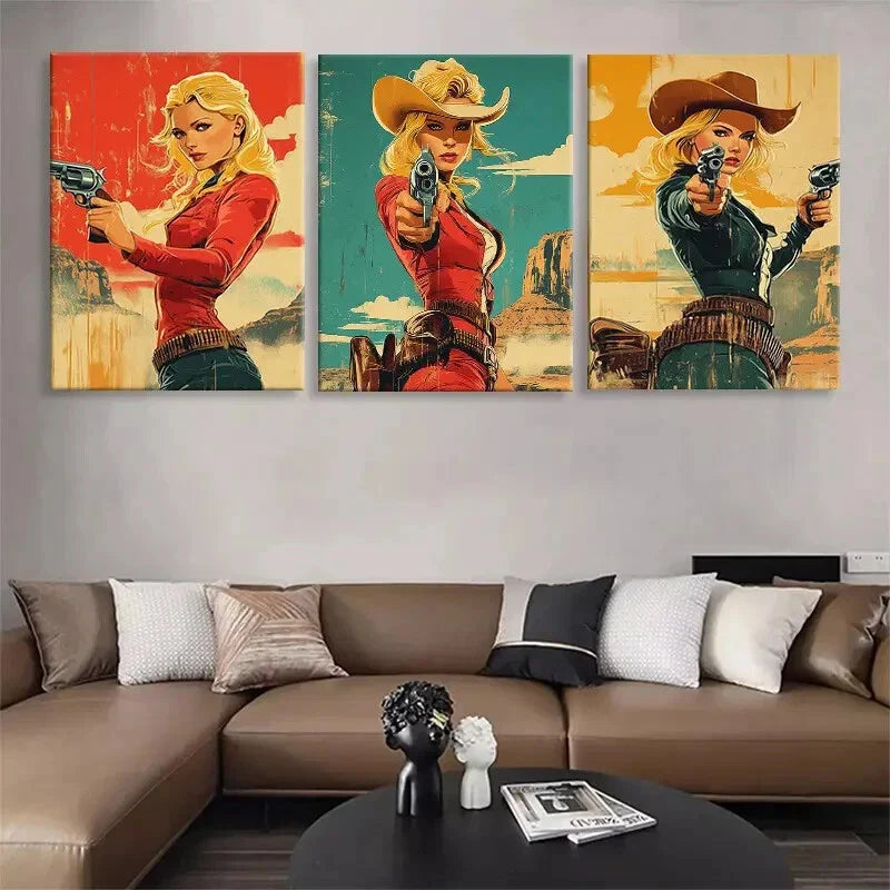 3pcs Retro Wild West Cowgirl Gunslinger Perfect Wall Art Set Canvas Framed 40x60cm - High Quality Print 100% Australian Made Wall Canvas Ready to Hang
