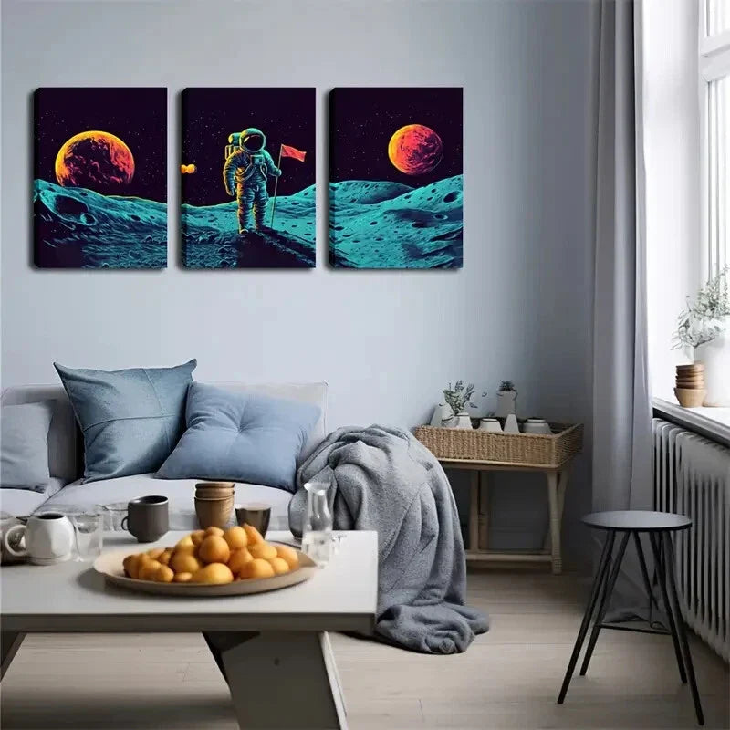 3pcs Astronaut Landing on Moon Triptych Wall Art Set Canvas Framed 40x60cm - High Quality Print 100% Australian Made Wall Canvas Ready to Hang