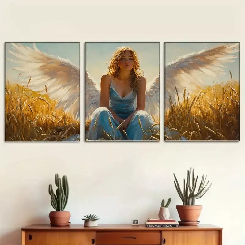 3pcs Graceful Angel in Wheat Field Triptych  Wall Art Set Canvas Framed 40x60cm - High Quality Print 100% Australian Made Wall Canvas Ready to Hang