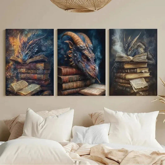 3pcs Fantasy Dragon Creature Reading Nook Metal Print Ready to Hang Art