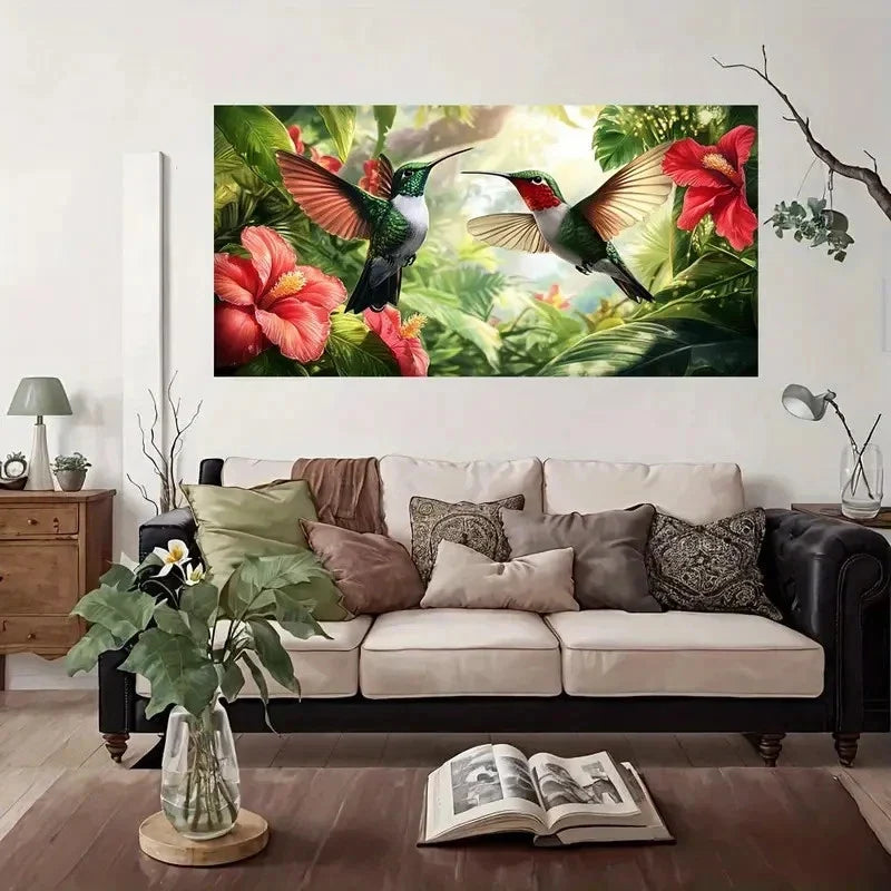 Tropical Garden Hummingbird Wall Art Canvas Office Home Room Framed 80x45cm