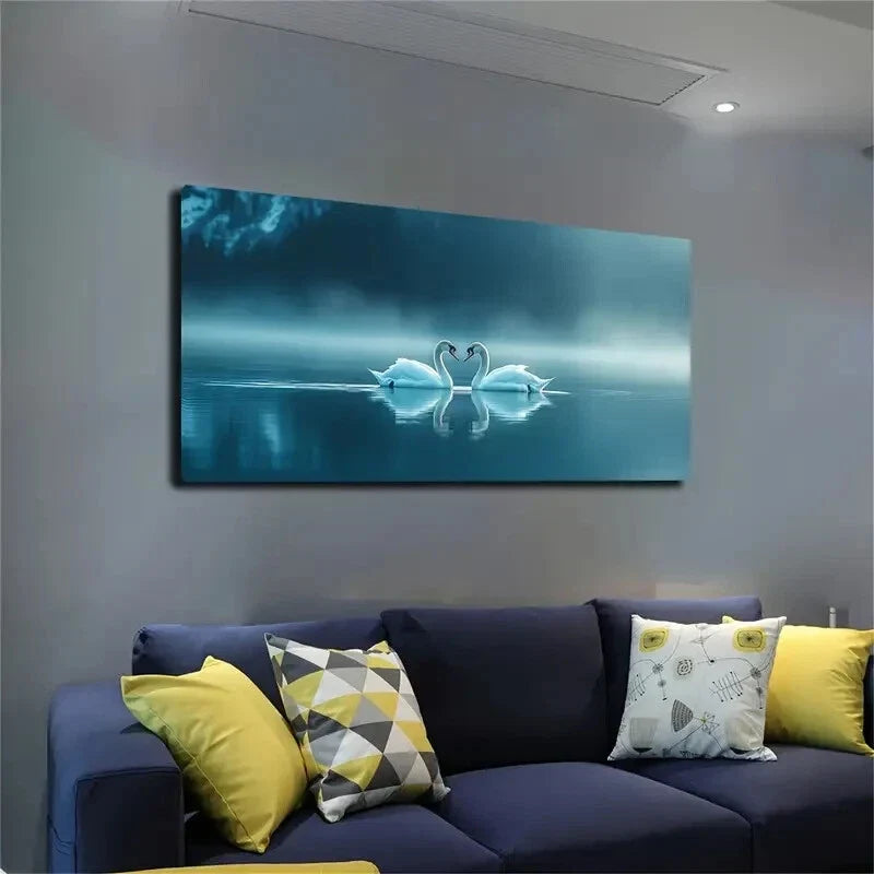 The Two White Swans Wall Art canvas office home room framed 120x60cm