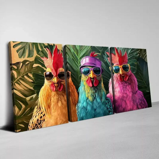 3pcs Modern Fashionable Roosters with Sunglasses Wall Art Set Canvas Framed 40x60cm - High Quality Print 100% Australian Made Wall Canvas Ready to Hang